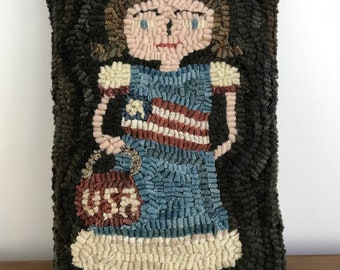 Primitive Wool Folk Art Hooked Rug Little Miss Liberty Pillow ***