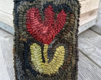 Primitive Folk Art Wool Hooked Rug Pillow ~ Red Tulip
