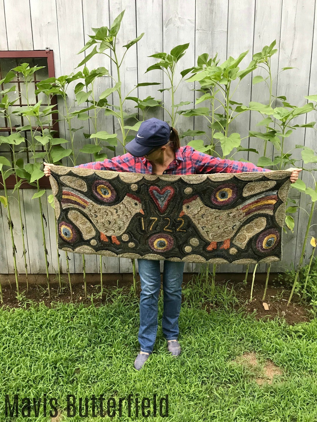 Double Folk Art Chicken Rug Hooking Hooked Pattern on Linen Early Style