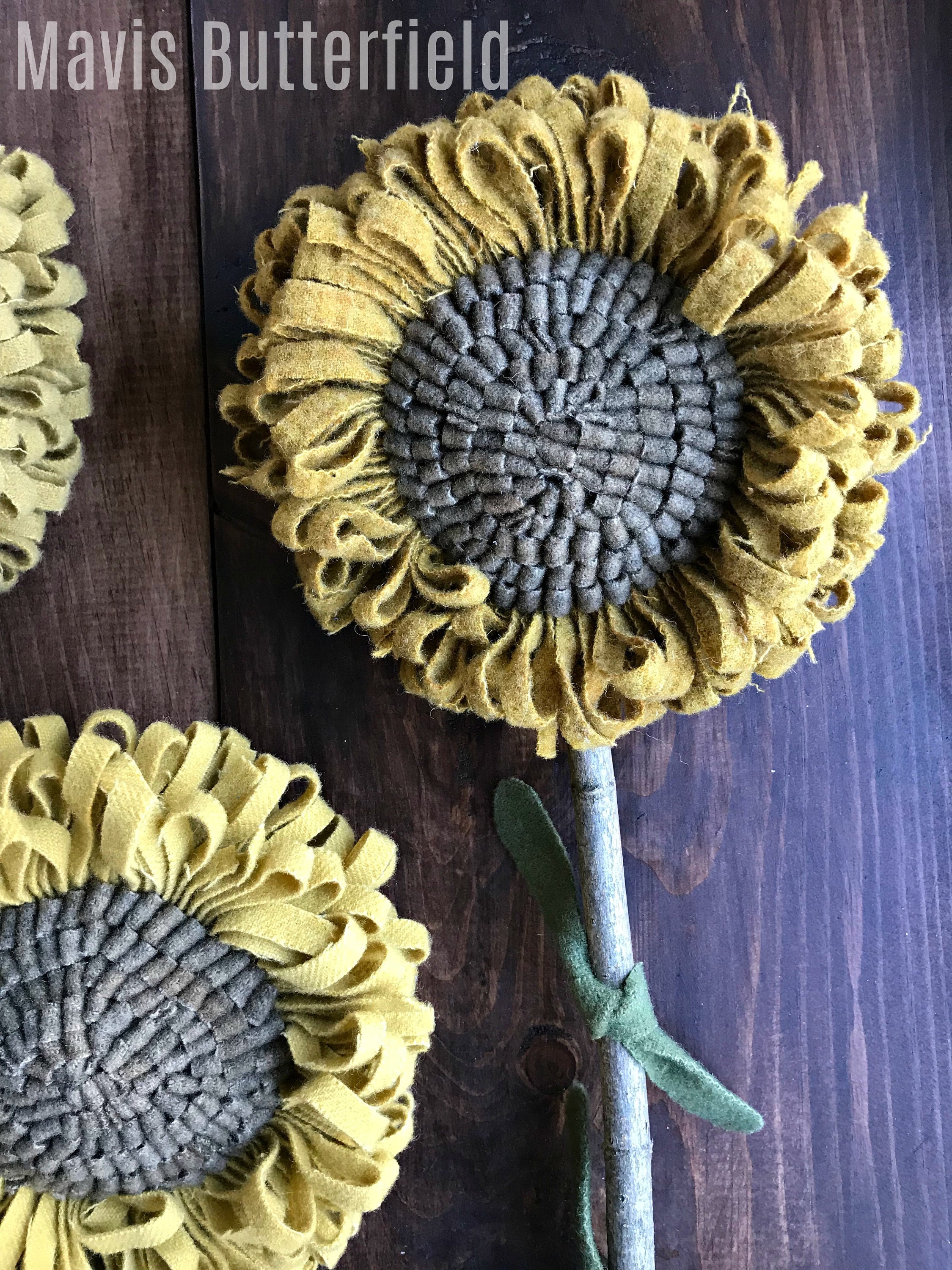 Set of 3 GIANT Primitive Folk Art Wool Hooked Rug Sunflowers