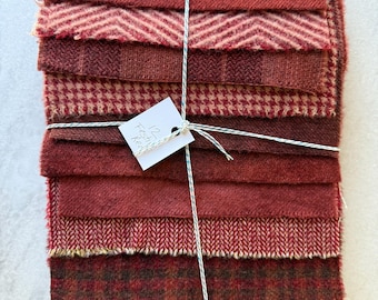 Hand Dyed Wool Fabric, 12 Festive Red Fat Sixteenths {1/16} for Primitive Rug Hooking