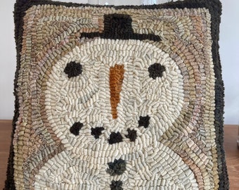 Primitive Folk Art Wool Hooked Rug - Mr. Snow Snowman Pillow