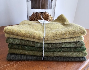 Mill Dyed Wool Fabric, 6 Green Fat 1/8 Eighths {3/4 yd Total} for Primitive Rug Hooking