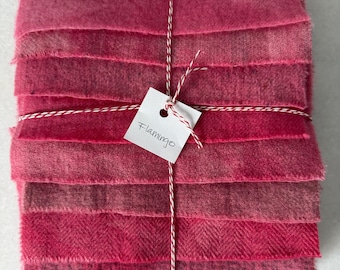 Hand Dyed Wool Fabric: 8 Flamingo Pink Fat Sixteenths for Rug Hooking