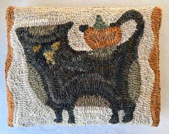 Primitive Folk Art Wool Hooked Rug PILLOW - Olde Salem Cat and Pumpkin