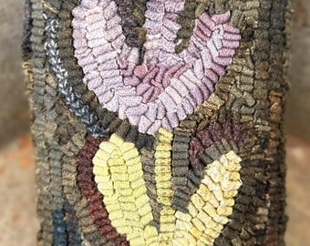 Primitive Folk Art Wool Hooked Rug Pillow ~ Lavender Tulip