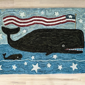 Hand-Dyed Wool Rug: Primitive Folk Art Star Spangled Whale by Mavis Butterfield afbeelding 8