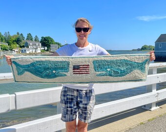 RUG HOOKING KIT - {Light} Double Nantucket Whale Runner with Flag~ on Linen with Hand Dyed Wool