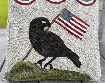 American Folk Art - Primitive Wool Hooked Rug Pillow - Patriotic Crow with Flag