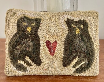 Primitive Wool Folk Art Hooked Rug PILLOW ~ Valentine Kitties ~