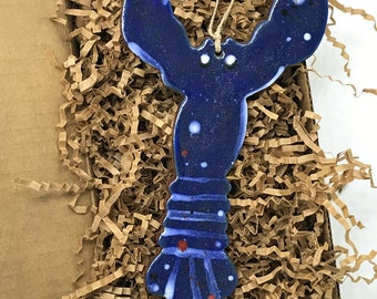 Rustic Blue Lobster Redware Pottery Ornament