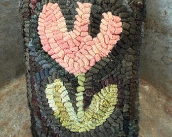 Primitive Folk Art Wool Hooked Rug Pillow ~ Pale Coral Pink Tulip