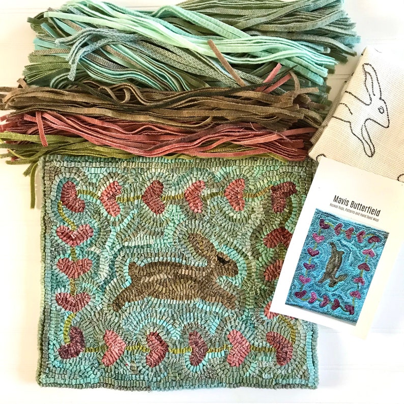 RUG HOOKING KIT Bunny Love on Linen with Hand Dyed Wool image 1