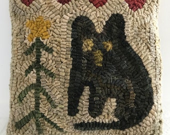 Rug Hooking Pattern Fat Black Cat With Christmas Tree on Linen