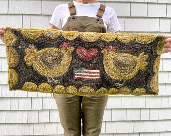 Rug Hooking Pattern ~ Betty's Big Chickens With American Flag ~ on Linen