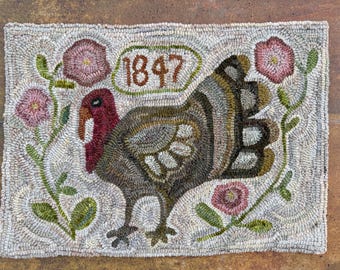 Primitive Folk Art Wool Hooked Rug ~ Thanksgiving Turkey ~ Early Style ~ 1847