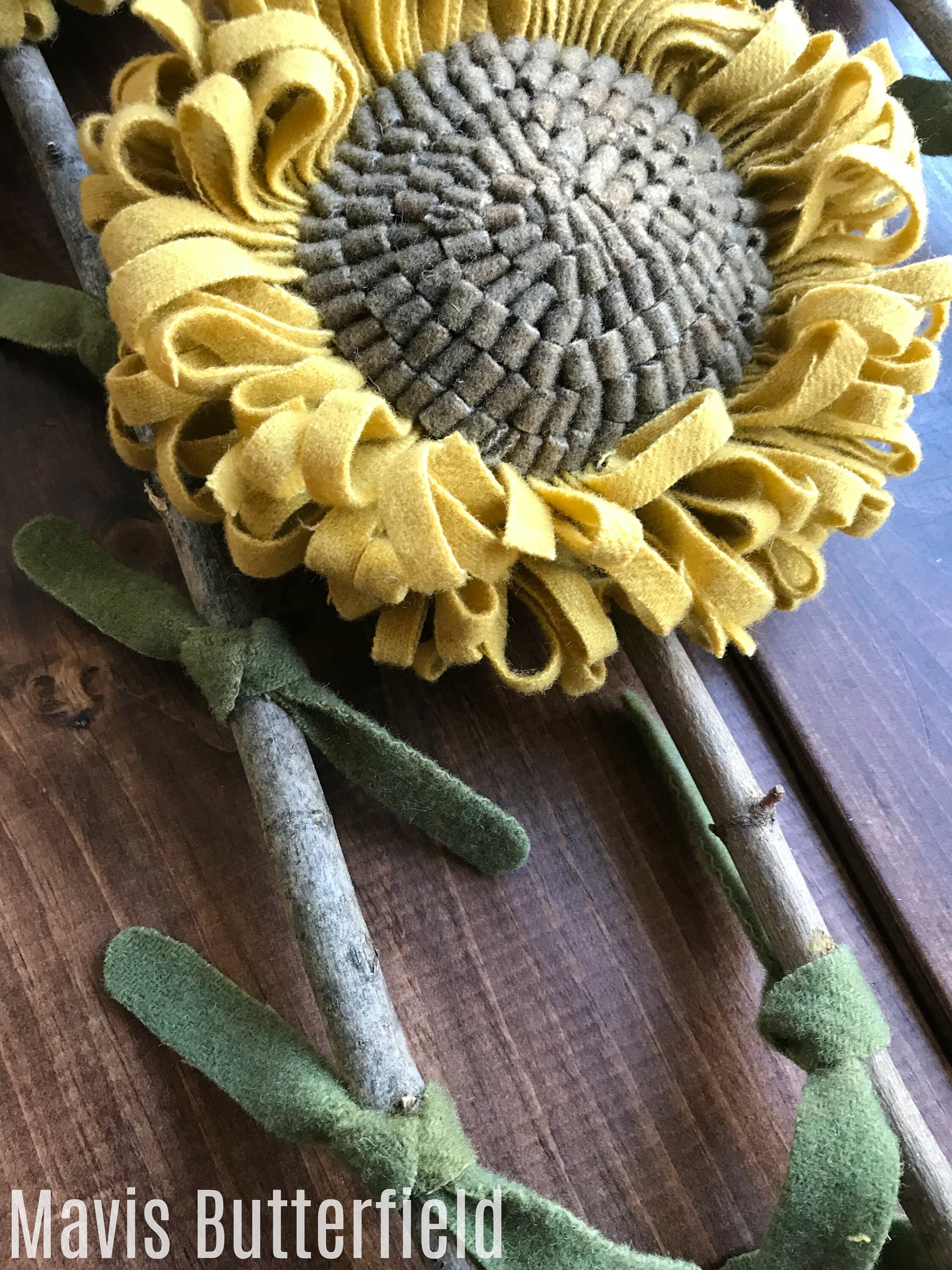 Set of 3 GIANT Primitive Folk Art Wool Hooked Rug Sunflowers
