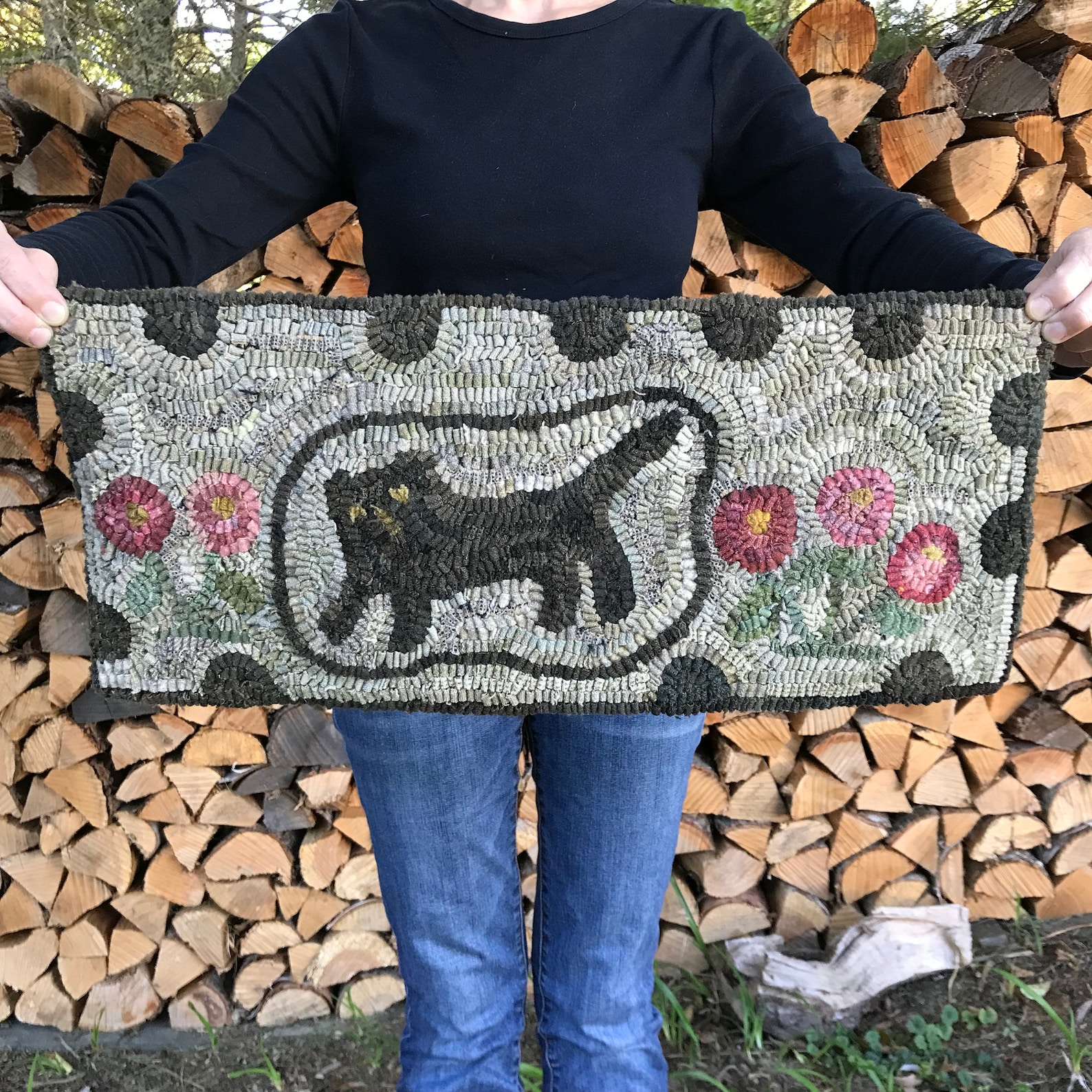 Folk Pattern Rug Primitive Wool Folk Art Hooked Rug Little Black Cat ~ Early Style ~ - Etsy