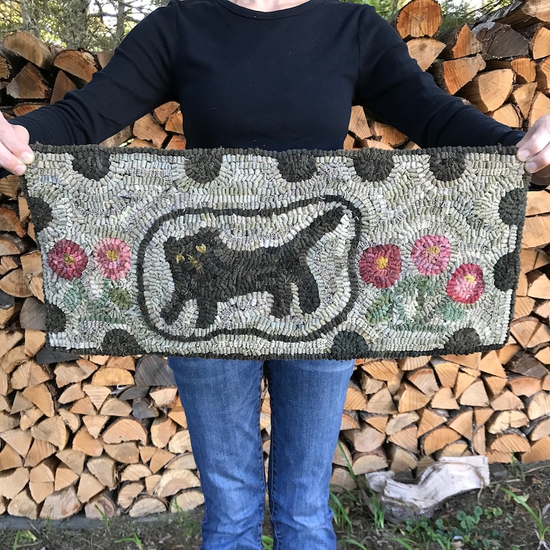 Primitive Wool Rugs Primitive Wool Folk Art Hooked Rug Little Black Cat ~ Early Style ~ - Etsy