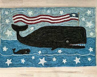 Whale Rug Hooking Pattern: Folk Art Primitive Design on Linen - Star Spangled Whale