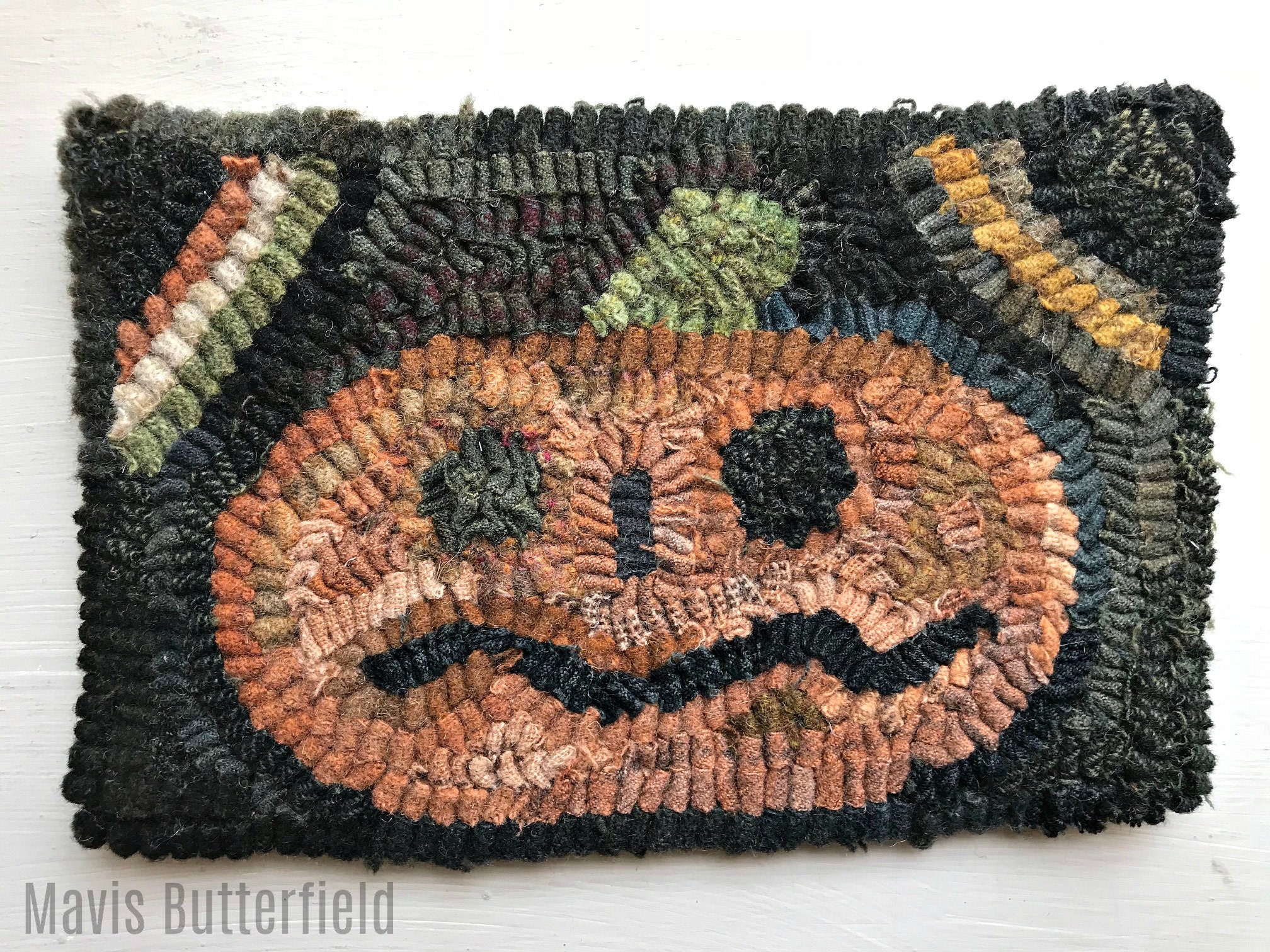 Primitive Halloween Folk Art Hooked Pumpkin Small Rug Early Style