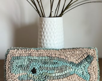 Primitive American Folk Art ~ Wool Hooked Rug Pillow ~ Mini Nantucket Whale