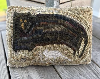 Primitive Wool Folk Art Hooked Rug Cat and Mouse PILLOW