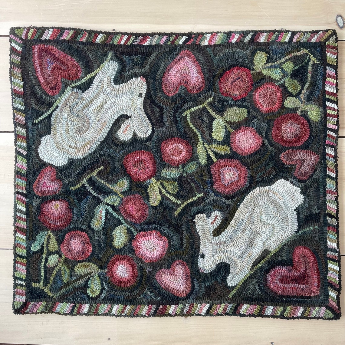 Hooked Rugs With Rabbits Primitive Folk Art Wool Hooked Rug ~ Rabbits and Roses - Etsy