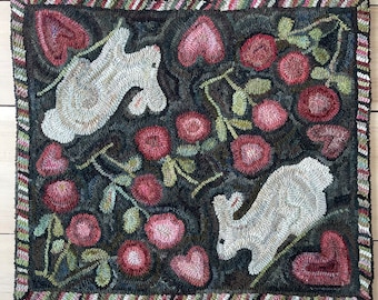 Primitive Folk Art Wool Hooked Rug ~  Rabbits and Roses