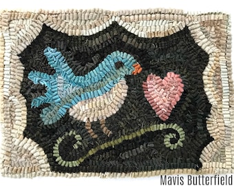 Rug Hooking PATTERN on linen ~ Blue Bird with Heart on Linen