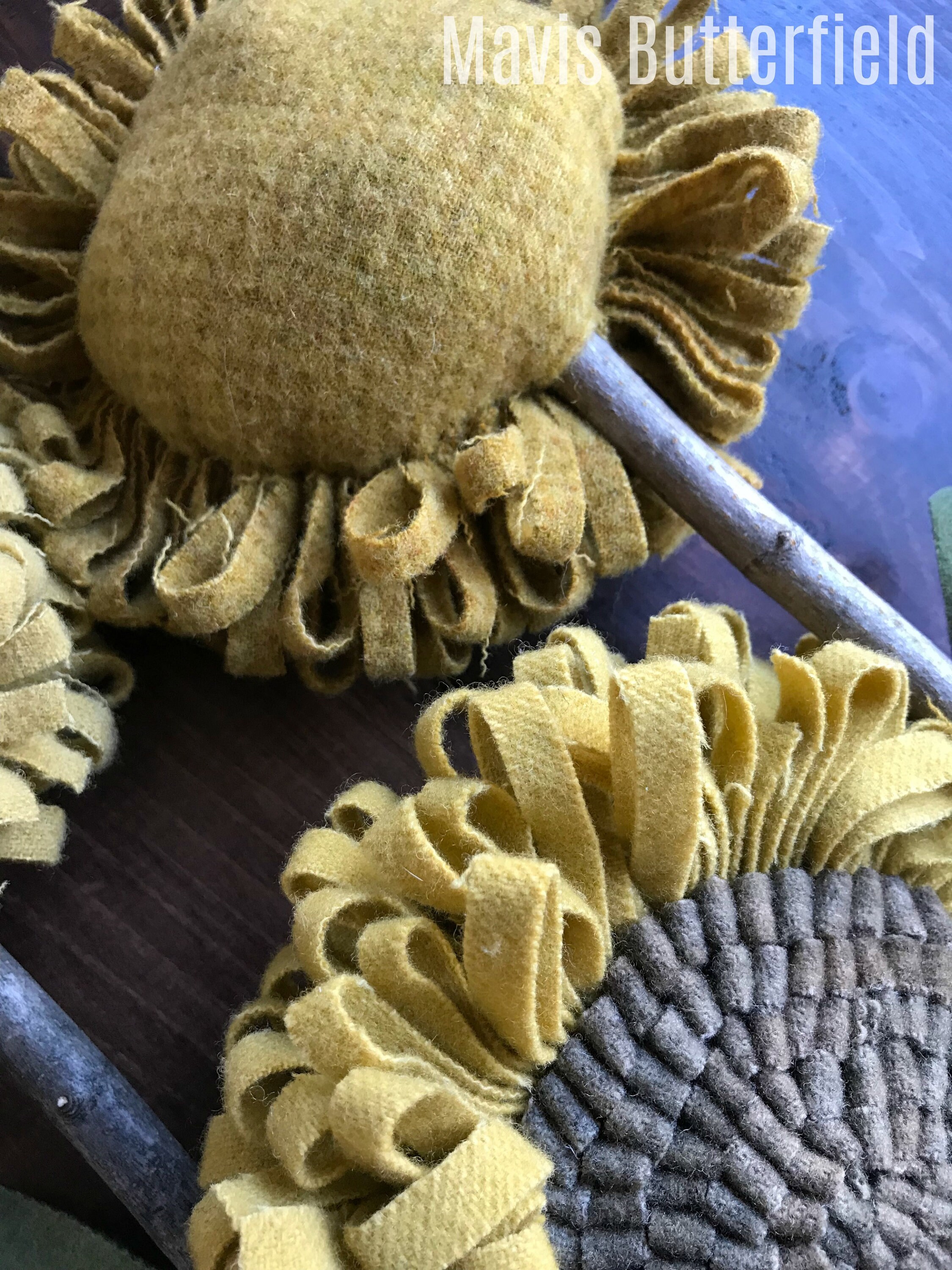 Set of 3 GIANT Primitive Folk Art Wool Hooked Rug Sunflowers