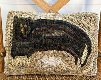 Primitive Wool Folk Art Hooked Rug Cat and Mouse PILLOW