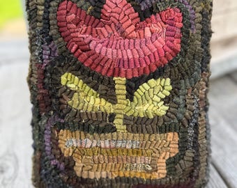 Primitive Folk Art Wool Hooked Rug Pillow ~ Potted Red Tulip