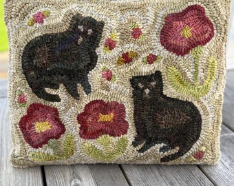 Primitive Folk Art Wool Hooked Rug Pillow ~  Cats In The Poppies