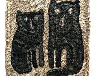 Primitive Cat Rug Hooking PATTERN on linen ~ Twin Kitties on Linen