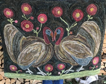 Primitive Folk Art Wool Hooked Rug ~ Tom and Tilly Thanksgiving Turkey