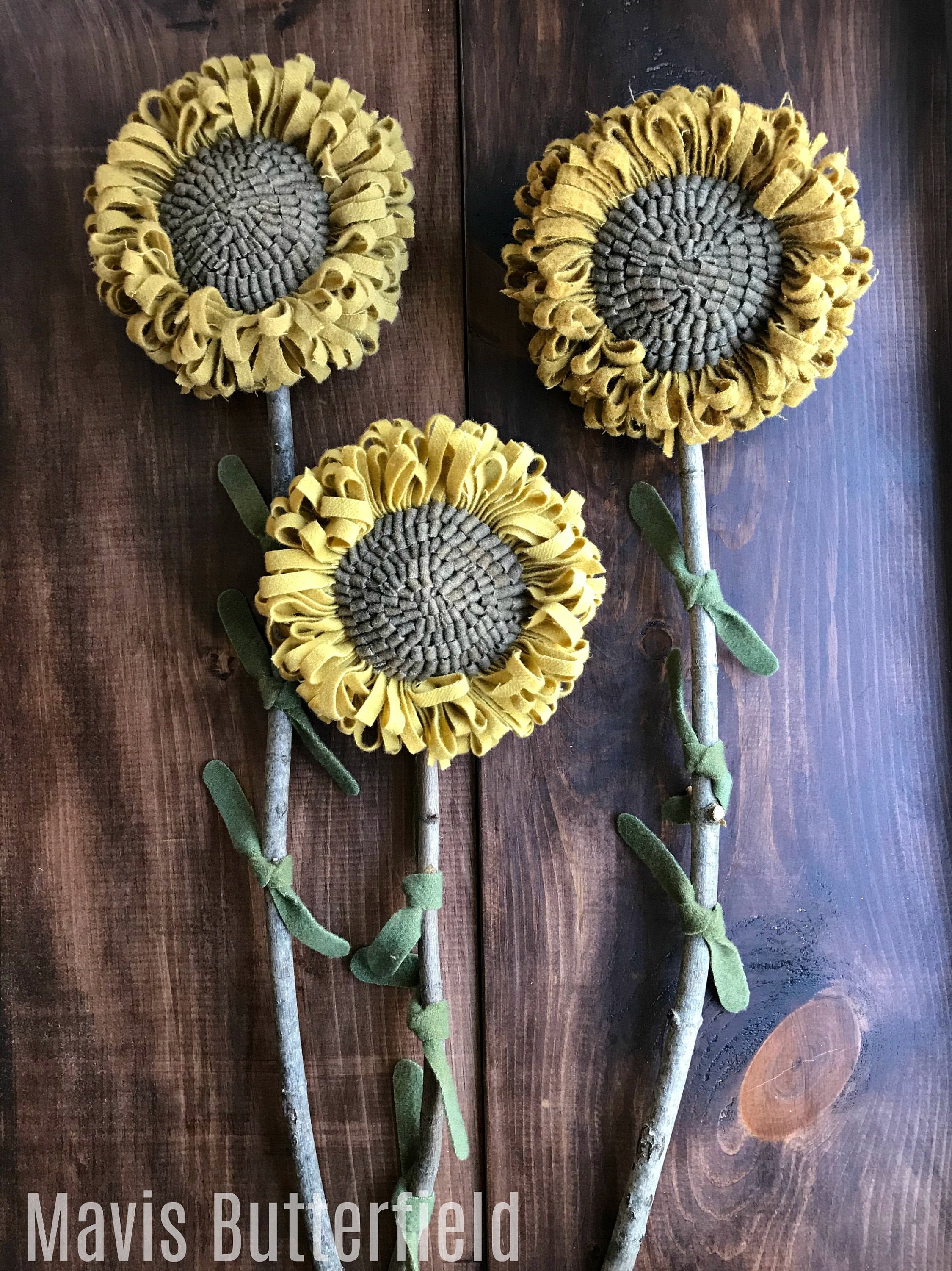 Set of 3 GIANT Primitive Folk Art Wool Hooked Rug Sunflowers