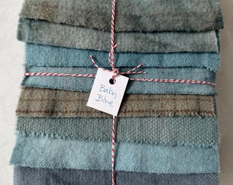 Hand Dyed Wool Fabric, 8 Baby Blue Fat 1/16 Sixteenth for Primitive Rug Hooking