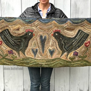 Rug Hooking PATTERN - Folk Art Primitive Wool Hooked Rug ~ Miss Henny and Miss Penny Chicken