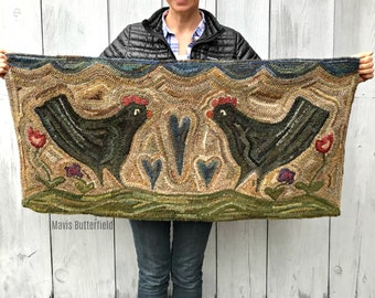 Rug Hooking PATTERN - Folk Art Primitive Wool Hooked Rug ~ Miss Henny and Miss Penny Chicken