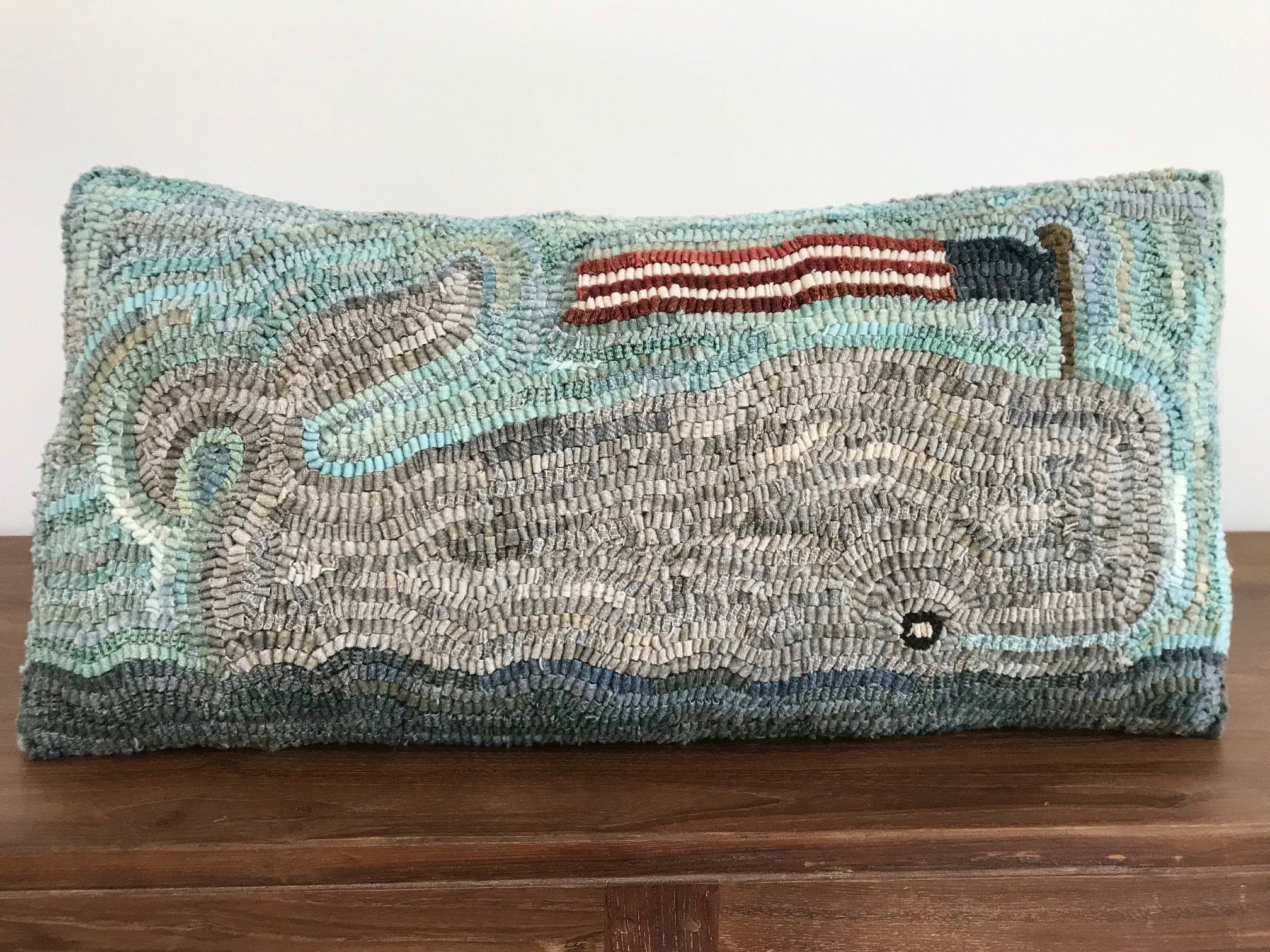 Primitive American Folk Art ~ Wool Hooked Rug Pillow ~ Nantucket Whale ~ ***