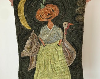 The Pumpkin Ladye & Her Deare Companion ~ Rug Hooking Pattern on Linen