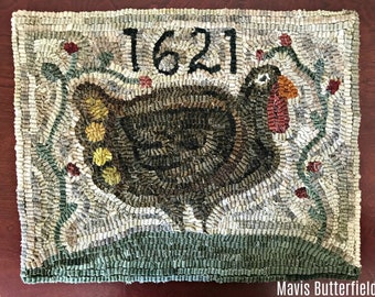 Rug Hooking PATTERN - Folk Art Primitive Wool Hooked Rug ~ 1621 Gobbler ~ A Thanksgiving Turkey