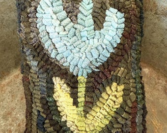 Primitive Folk Art Wool Hooked Rug Pillow ~ Blue Tulip