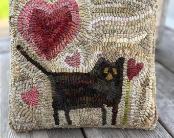 Primitive Wool Folk Art Hooked Rug Old Cat with Hearts PILLOW