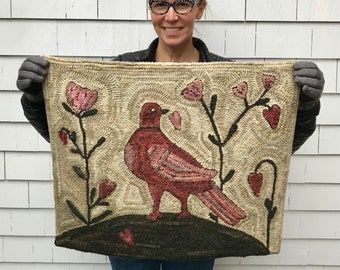 Fraktur Bird Rug Hooking Kit: Love Grows on Linen