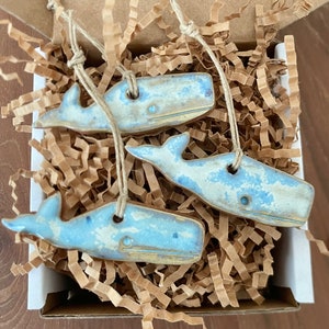 Set of 3 Rustic Nantucket Whale Redware Pottery Ornaments ~ Primitive Folk Art