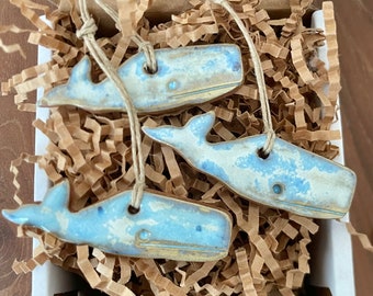 Set of 3 Rustic Nantucket Whale Redware Pottery Ornaments ~ Primitive Folk Art