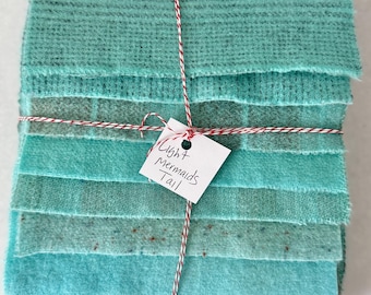 Hand Dyed Wool Fabric, 8 LIGHT Mermaid's Tail Fat 1/16th's for Primitive Rug Hooking