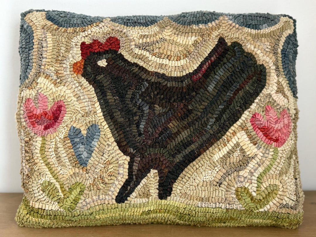 Primitive Wool Rugs Primitive Folk Art Wool Hooked Rug Pillow ~ Miss Penny Chicken - Etsy